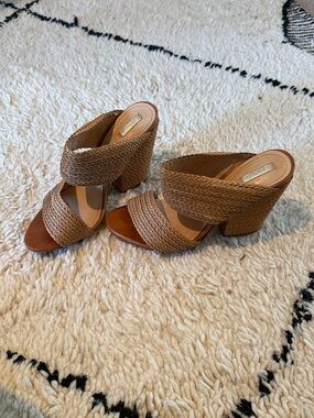 Schutz Woven Tan Block Heel Slide Sandals